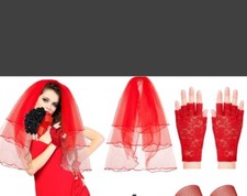 Red veil and red gloves For Wedding Or Costume