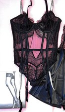 Victoria's Secret 34C 34D 36B M TEDDY One-piece bodysuit BLACK lace SHINE STRAP