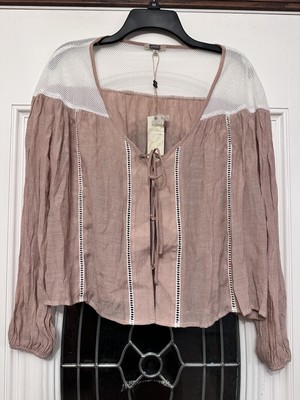Gimmicks By Buckle Blouse Shirt Top Womens Size Small Crochet Boho Lace Up Tan
