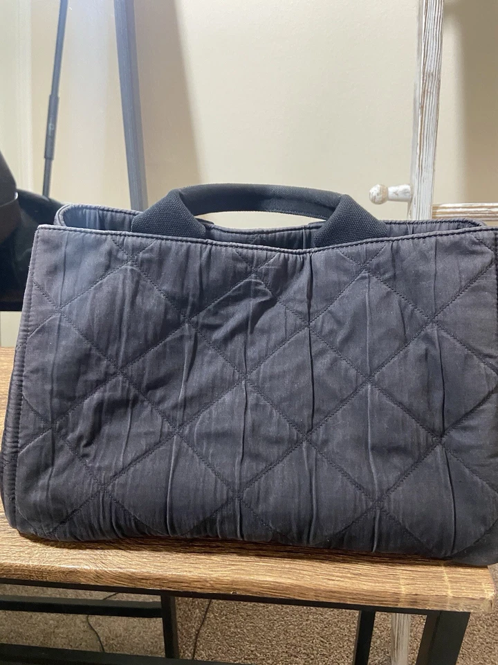 Prada Canapa Faded Navy Quilted Cotton Hand Shoulder Tote Bag W Strap, Good Cond - Image 4 of 4