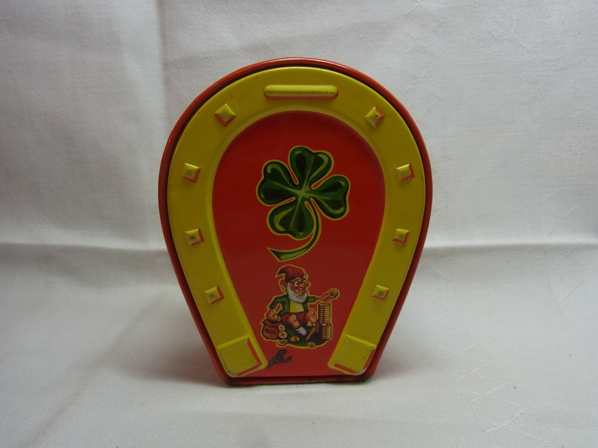 Vintage German Tin Money Bank Lucky Horseshoe Pig Gnome Chimney