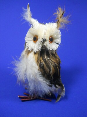 Handmade Mini Owl Made Of Real Feathers Ornament 5 1/2'' Figurine standing