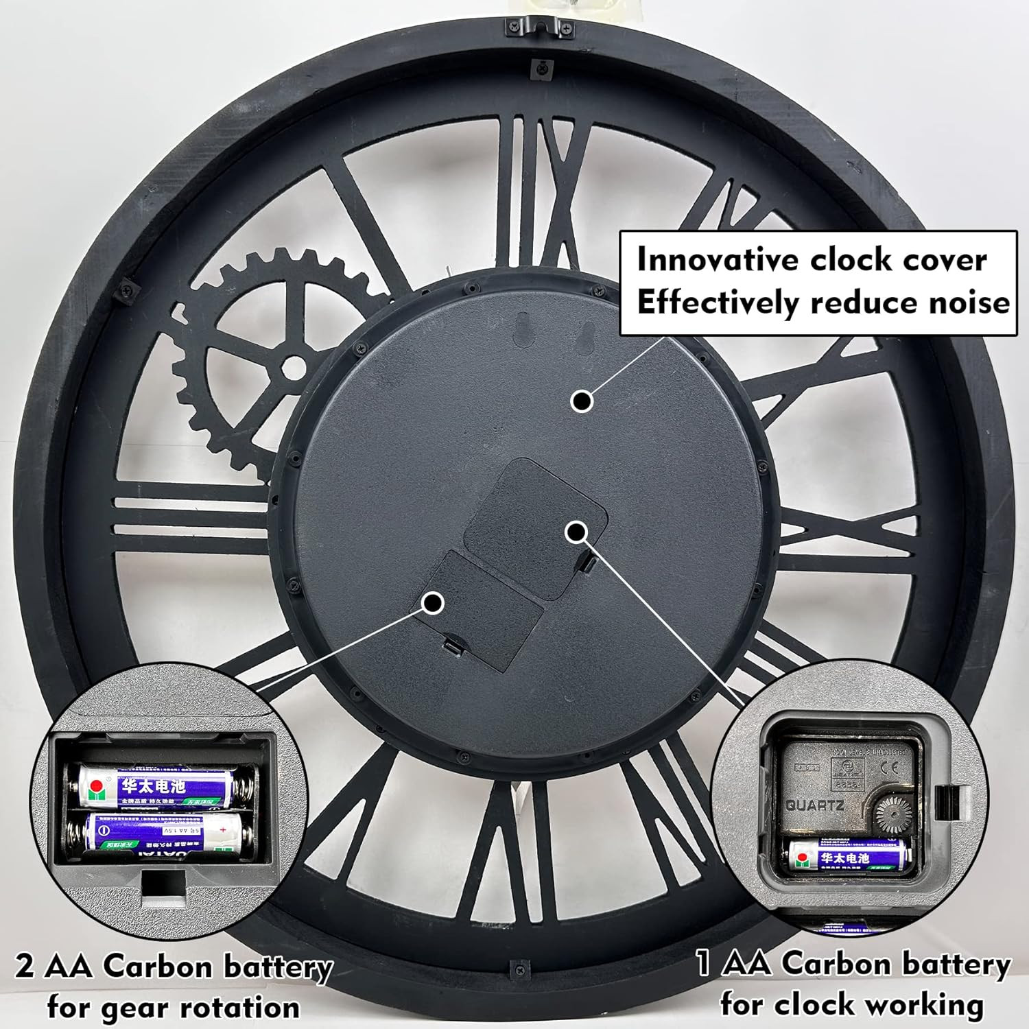 Oversized 24" Vintage Farmhouse Wall Clock with Moving Gears, Brown & Bronze