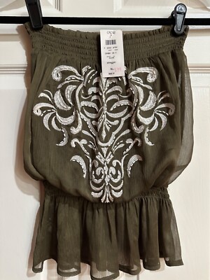 NWT CACHE TOP, STRAPLESS, OLIVE GREEN AND WHITE, SIZE SMALL
