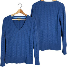 Vintage Eddie Bauer Cable Knit V-Neck Sweater Pullover Women's Large Blue Soft
