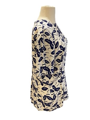 Size 12 Womens 100% Silk Blue Hat Print Fun Pullover Blouse Travel Wear Malouf s