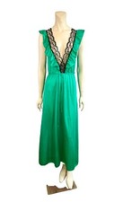Vintage Movie Star Nightgown Green Long Deep V Black Lace Womens Size Small