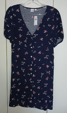GAP LADIES NAVY/FLORAL SS BUTTON FRONT SHORT DRESS-S-100% RAYON-NWT-$54.99-CUTE