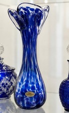 Vintage Hand Blown Cobalt Blue White Art Glass Vase Murano Style Ruffled Rim MCM