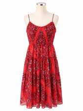 Banana Republic Pleated Tiered Midi Dress Sz 6 Coral Paisley Spaghetti Straps