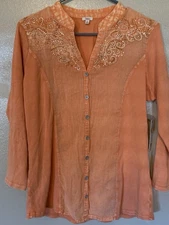 NWT Reba Orange Embellished Western Button Front Thermal Top Size L