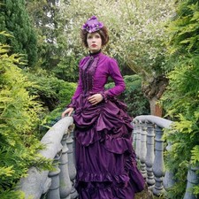 Vintage Purple Edwardian Prom Dresses Costume Victorian Ruched Bustle Ball Gowns