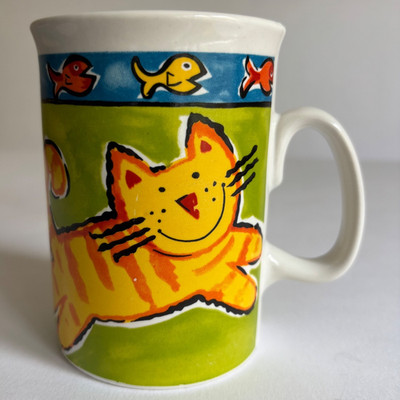 Vintage 1990er Rayware Katze Becher Retro Kitsch Ginger Tabby Keramik Kaffeetasse Fisch