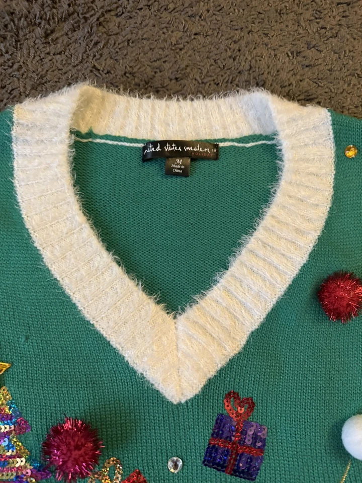 Suéter para mujer de lentejuelas verdes Elfo Llama Santa Elfo Perro Navidad Vacaciones Talla mediana  Foto 4 de 4