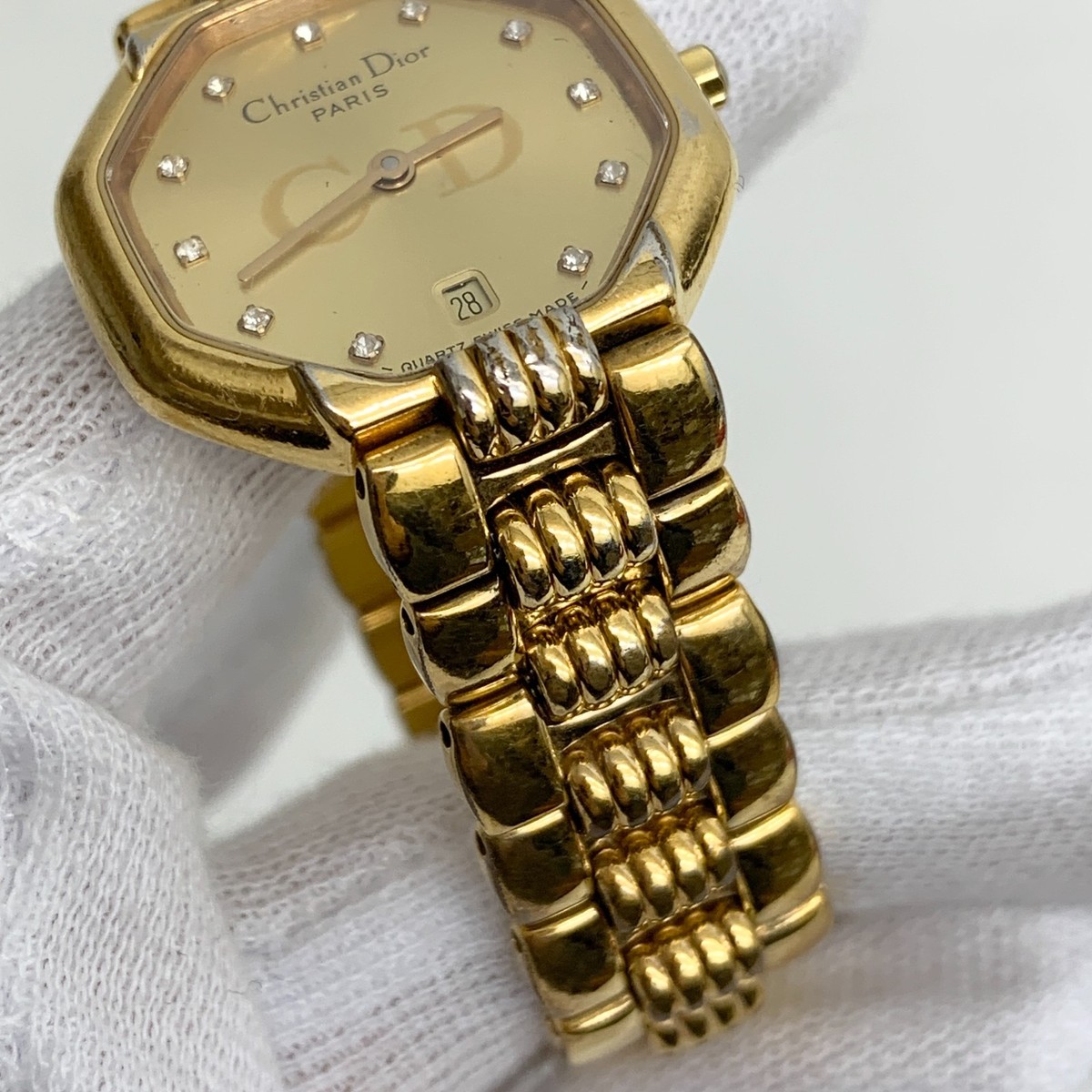Authentic Christian Dior GP 25mm Gold Watch 48.153 Octagon Gem
