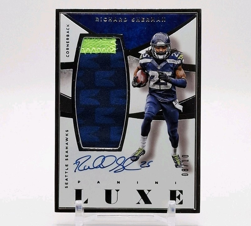 #/10 Richard Sherman On Card Auto 2015 Panini Luxe Silver Framed Game Used Patch