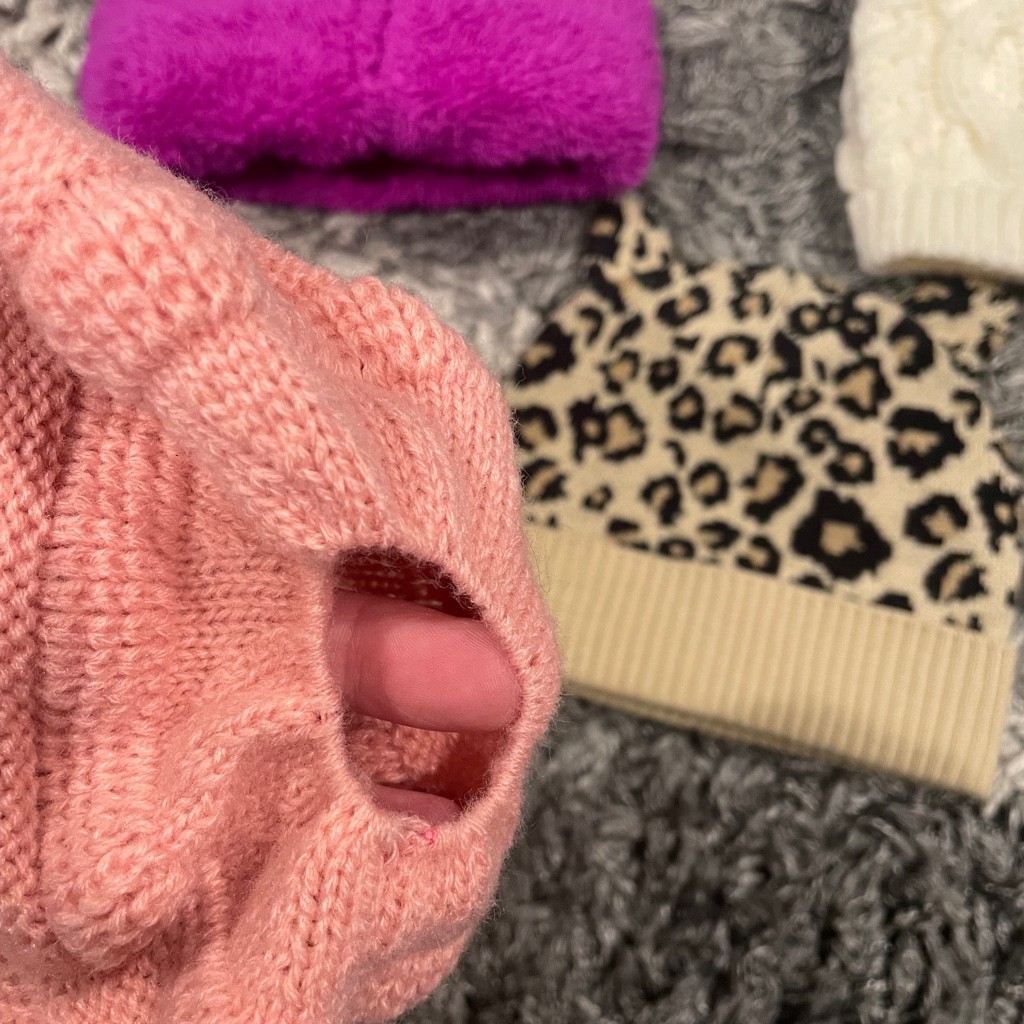 Cozy Pom-Pom Beanie Ponytail Hat Bundle White Purple Leopard Pink Dark Grey image 5