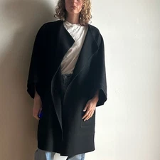 Lundstrom Sz M Wool Black Relaxed Open Front Lagenlook Jacket Coat