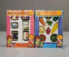 Vtg Pretend Kitchen GROCERY LOT of 2 Sets Play Food Fruit  Cans NRFB