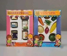 Vtg Pretend Kitchen GROCERY LOT of 2 Sets Play Food Fruit & Cans NRFB