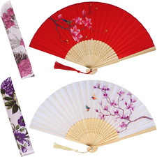 2-Pack Silk Handheld Folding Fans with Bamboo Frames - Red  White Floral Patter
