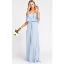 Show Me Your Mumu Caitlyn Ruffle Maxi Dress Cold Shoulder Steel Blue Chiffon M