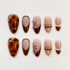 Handmade Custom Fall Tortoise Shell Butterfly Fake Nails, Almond Press on Nails