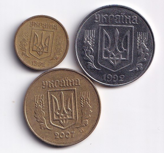 Three Ukraine coins, 5, 10 and 50 Kopiyok, 1992 and 2007