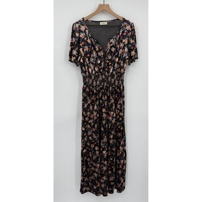 Natural Life Dress Womens Large Black Floral Velvet Maxi Boho Stretch Spring