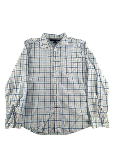 Tommy Hilfiger Shirt Mens XL Blue Pink Plaid Custom Fit Button Up Long Sleeve