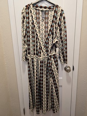 Bisou Bisou Geometric Wrap Dress 22W, 3/4 Sleeve Belted Brown Turquoise Jersey
