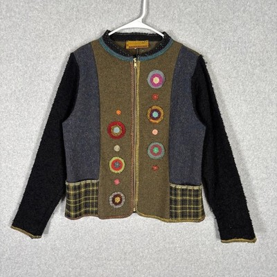 Artclothes Wool Cardigan XS Boiled Felted Applique Fuzzy Artsy Crafty Art Wear