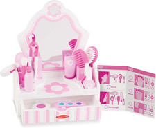 Wooden Beauty Salon Play Set, 18-Piece Vanity with Pretend Play Toys, Makeup, Mi