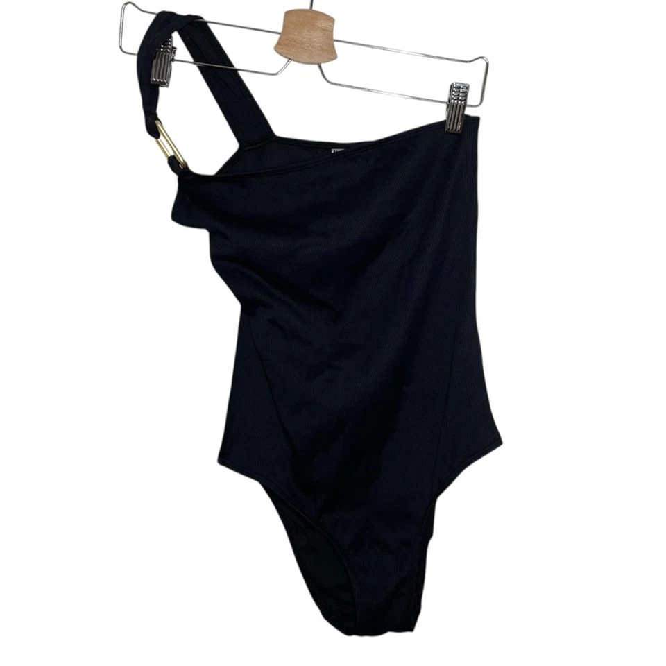 Traje de baño Wolford negro acanalado de un hombro dorado herrajes mediano $219 Foto 2 de 4