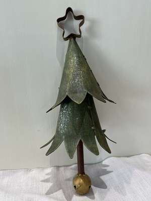 Large Hanging Metal Christmas Tree Bell Rustic Green Gold Star Farmhouse