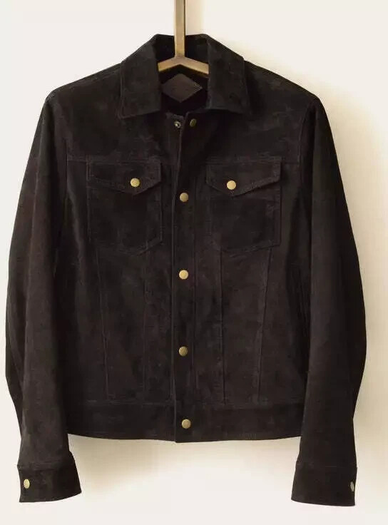Men's Real Suede Leather Trucker Jacket Fashion Biker Retro