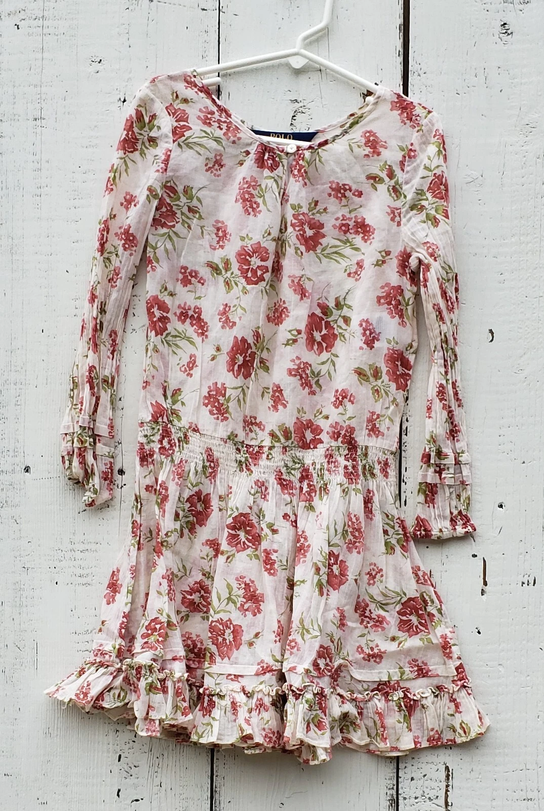 Polo Ralph Lauren Girls Sz 6 Fit & Flare Red, White Flower Long Sleeve Dress