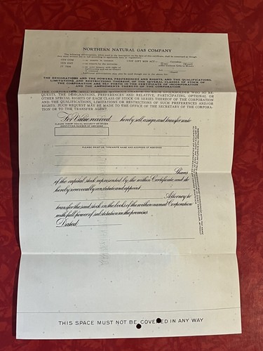 NORTHERN NATURAL GAS COMPANY STOCK CERTIFICATE predecessor to ENRON 1970 - Picture 2 of 2