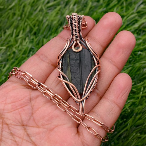 Black Tourmaline Gemstone Copper Wire Wrapped Handmade Jewelry Pendant Necklace - Picture 7 of 7