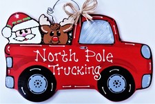NORTH POLE TRUCKING RED TRUCK Santa  Reindeer SIGN Wall Art Door Hanger Plaque