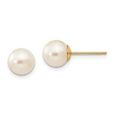 Real 14kt Madi K 7-8mm White Round Freshwater Cultured Pearl Stud Post Earrings