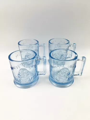 FOUR Vintage Indiana Glass Humpty Dumpty Tom Children Nursery Rhyme Mug Cup Blue