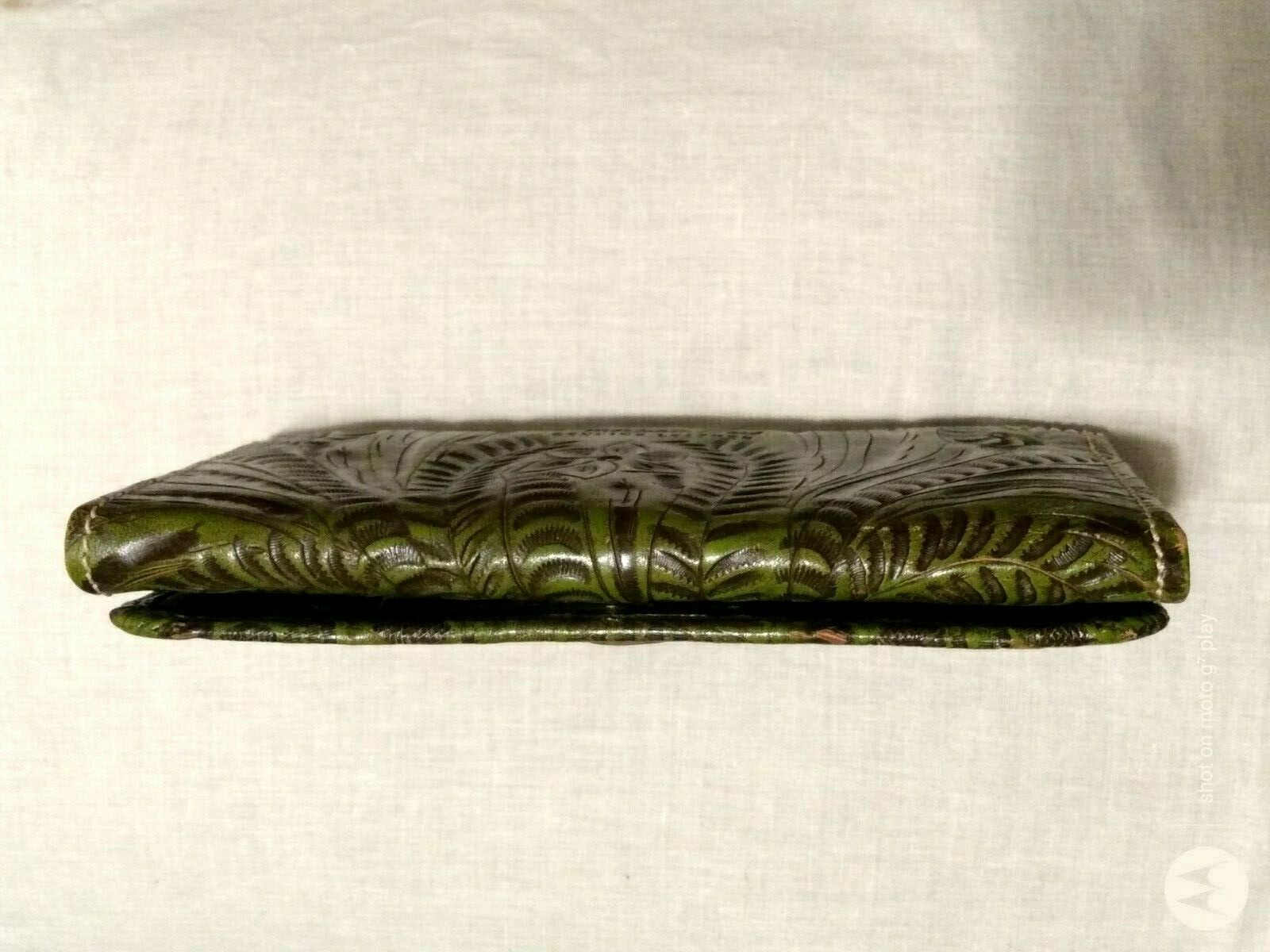 American West Hand tooled Vintage Genuine Leather Studded Wallet Clutch green image 7