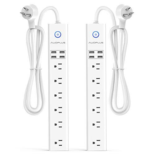2 Pack Power Strip Surge Protector Flat Plug - 6 Widely Spaced Outlets 4 USB ...