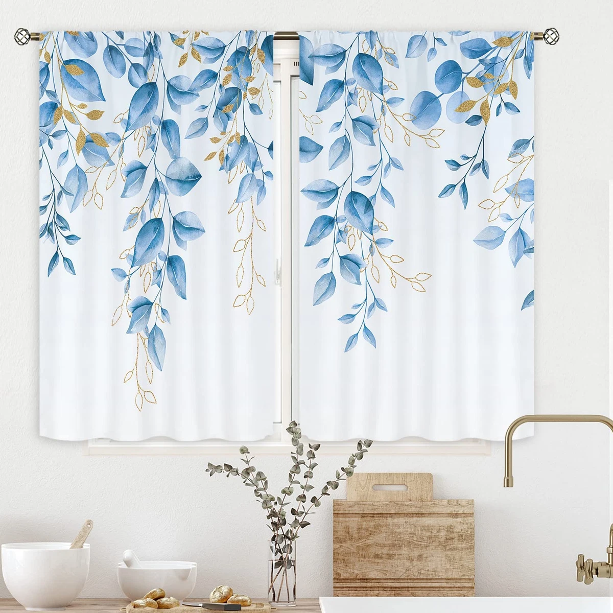 Blue Gold Leaves Kitchen Curtains Rod Pocket 27.5Wx39L Inch Farmhouse Eucalyptus