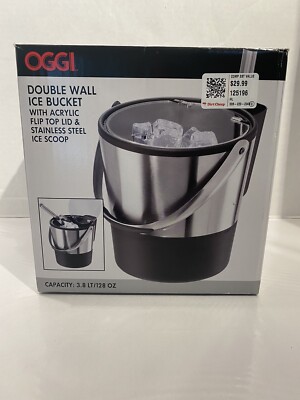 Oggi Double Wall Ice Bucket W/Acrylic Flip Top Stainless Steel Ice Scoop  “New”