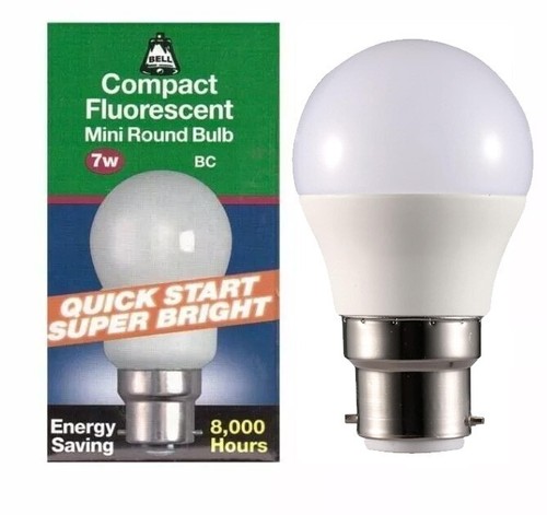2x 7w BELL CFL Bayonet Cap BC B22 Energy Saving Mini Round Light Bulb 2700K