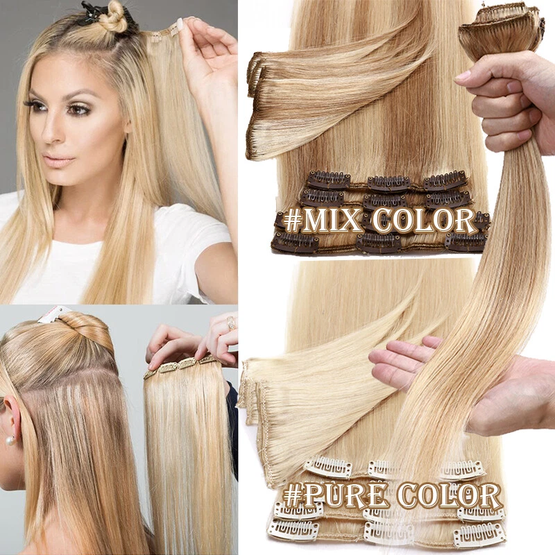 100% Real Remy Human Hair Extensions Clip In 8Pcs Full Head Long Medium Short UK - Image 4 of 4