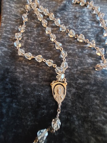 Vtg Italian Rosary Clear Glass Cone Beads Crucifix Medal Silver Tone /Free Ship - Picture 4 of 5