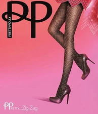 Pretty Polly Zig Zag Chevron Tights Black Mix O/S One Size Fits Most $25.00 NIP
